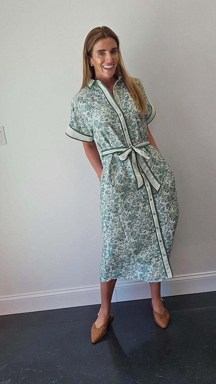 Green Floral Button Midi Dress