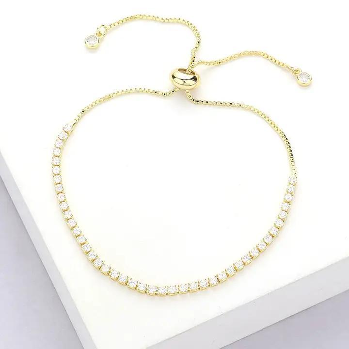 Stainless Steel Cz Stone Tennis Chain Pull Tie Adjustable Bracelet