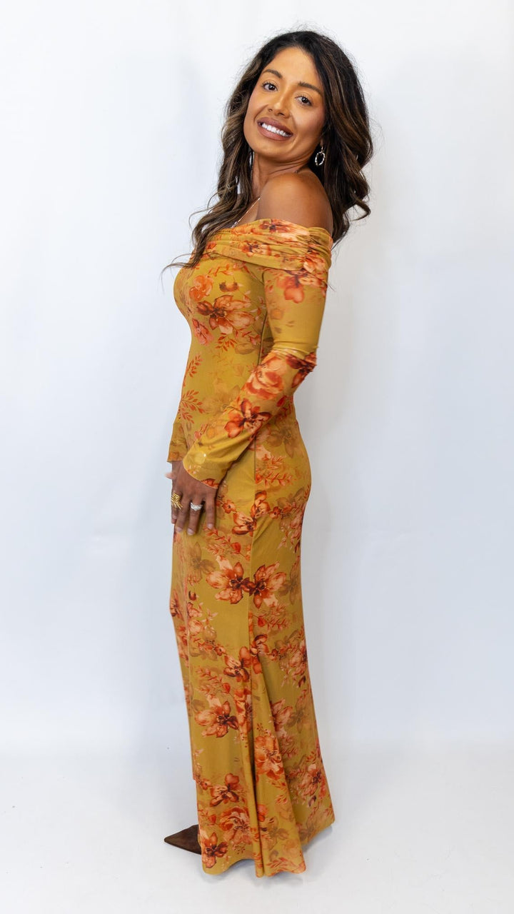 Off Shoulder Floral Mesh Dress