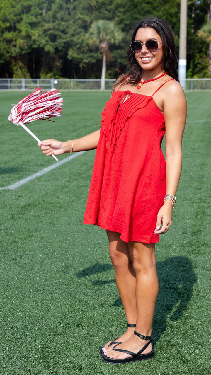 Ruffle Bib Tie-Front Mini Dress
