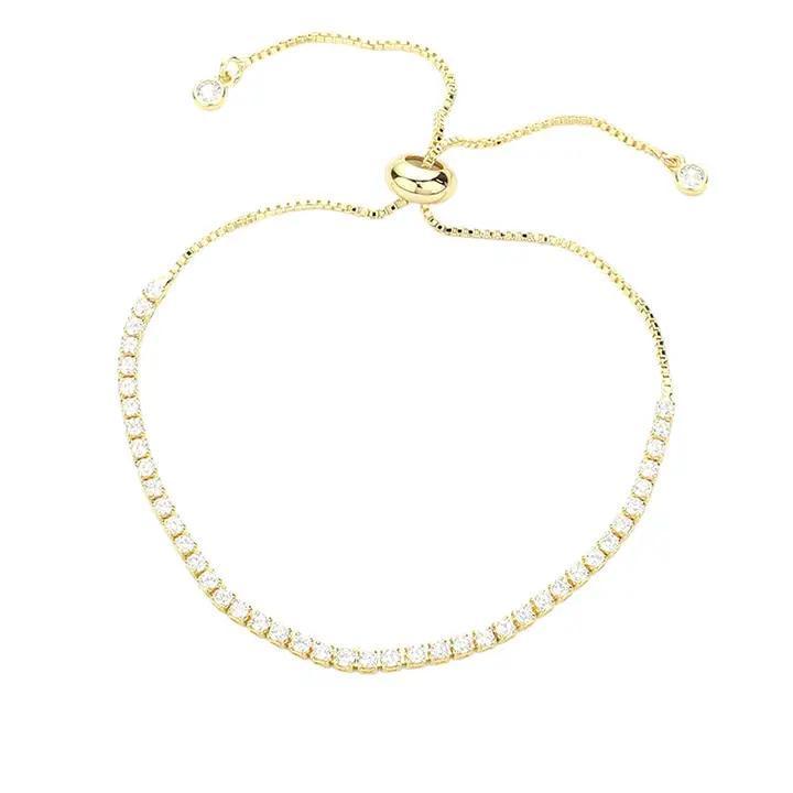 Stainless Steel Cz Stone Tennis Chain Pull Tie Adjustable Bracelet