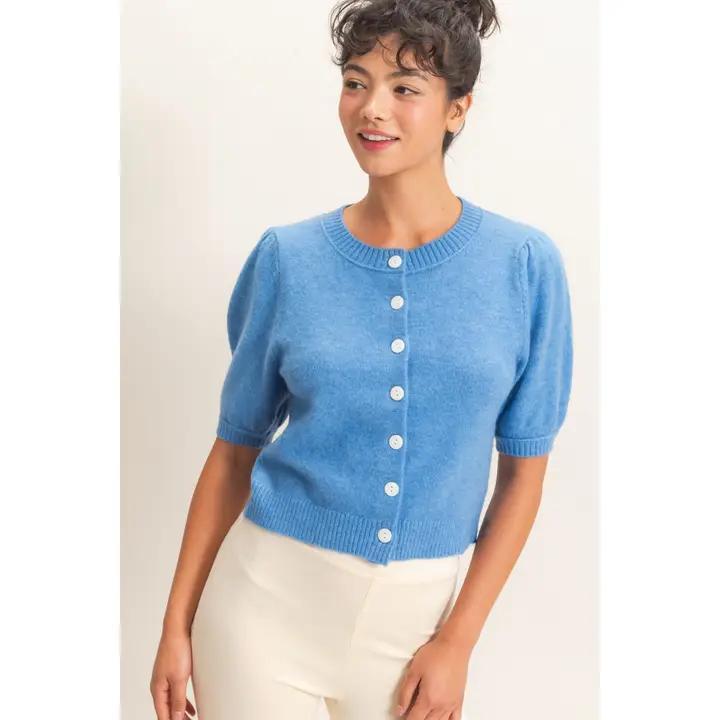 Button Front Puff SS Cardigan