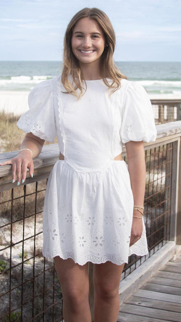 White Eyelet Puff Sleeve Tie Back Dress