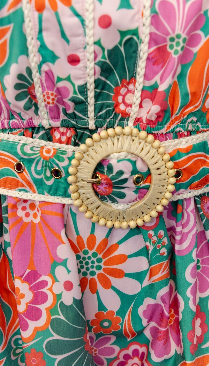 Retro Floral Print Belted Mini Dress