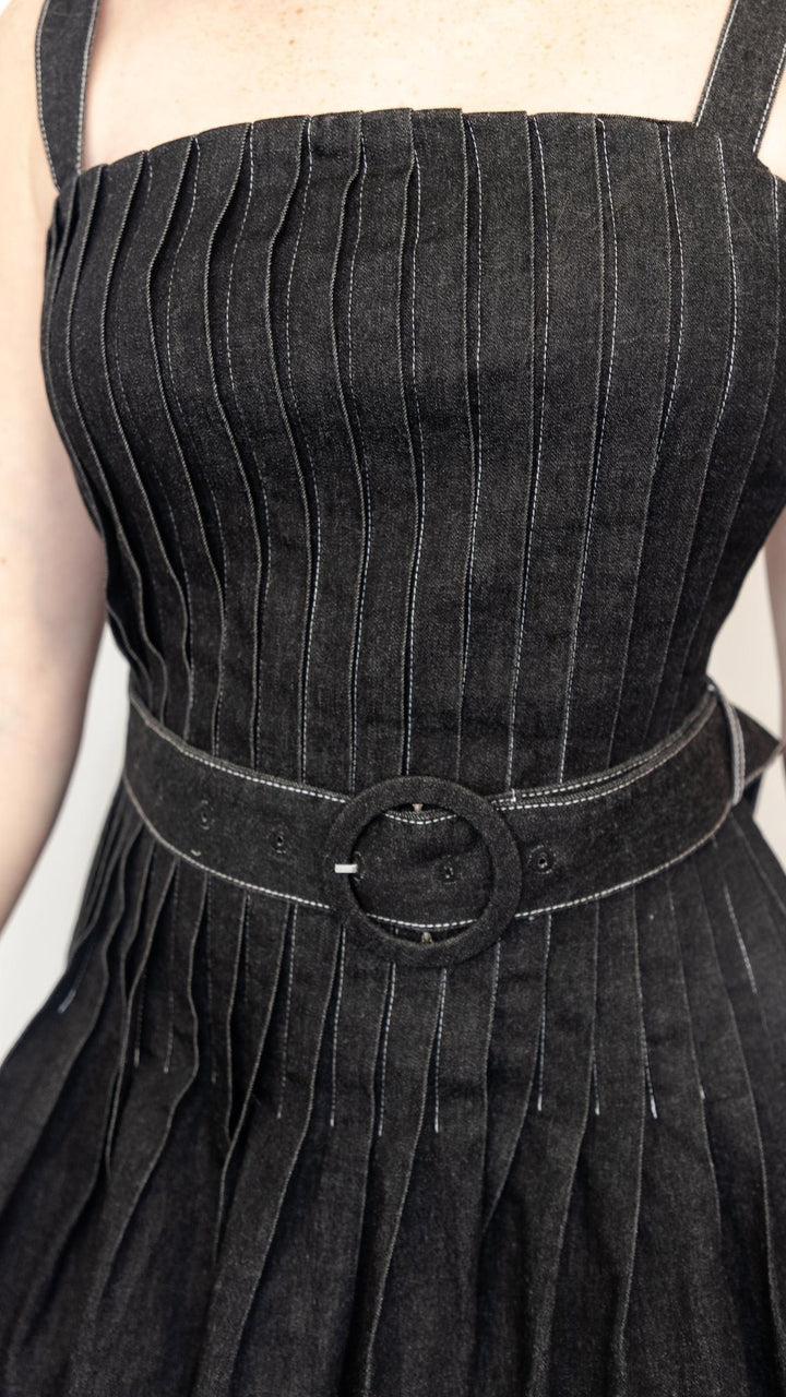 Black Denim Pintuck Mini Dress