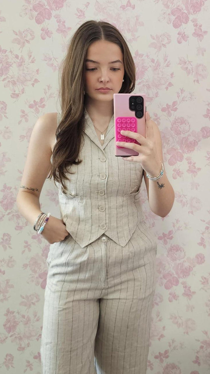 Striped Natural Linen Vest Top