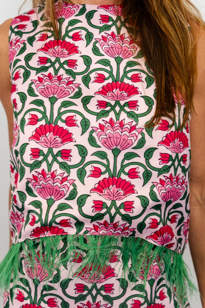 Floral Print Feather Trim Top
