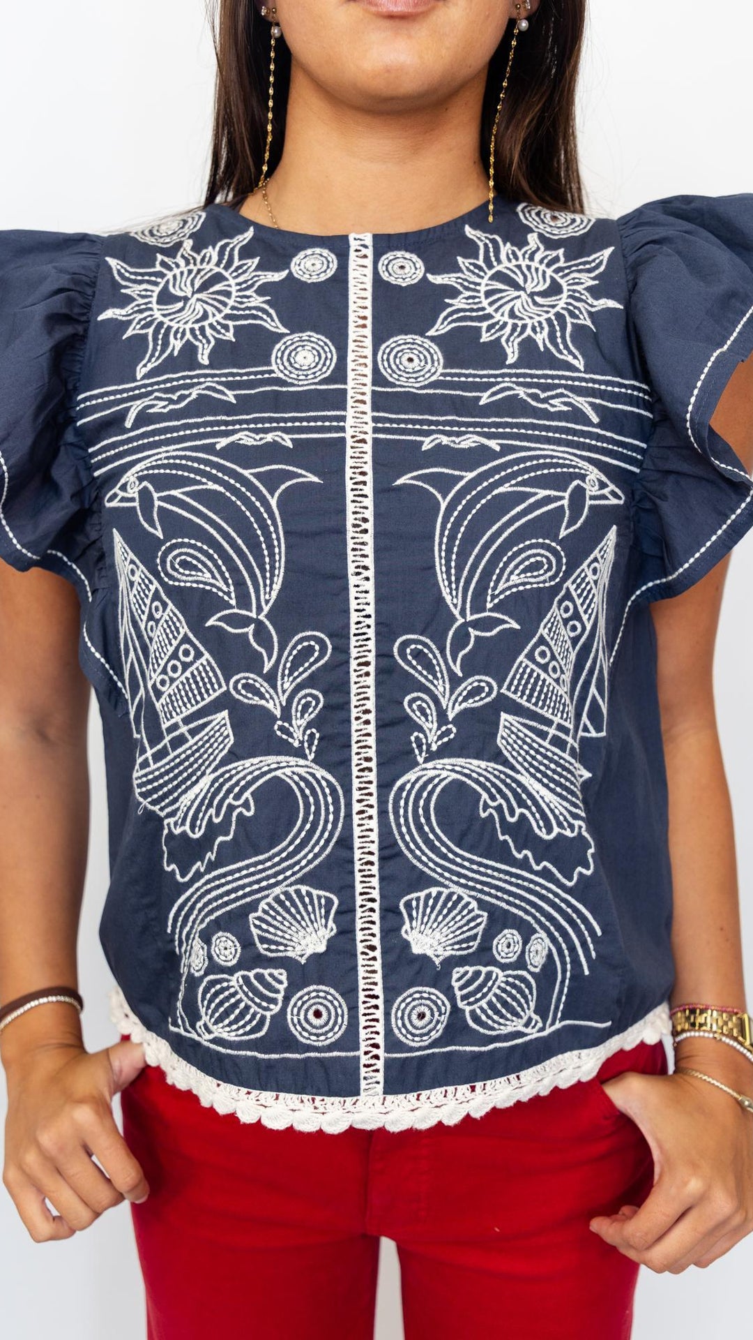 Seaside Embroidered Navy Top