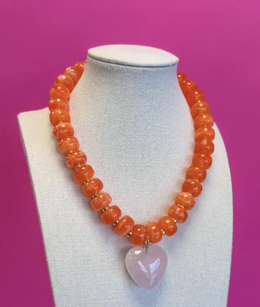 Statement Beaded Heart Necklace Orange