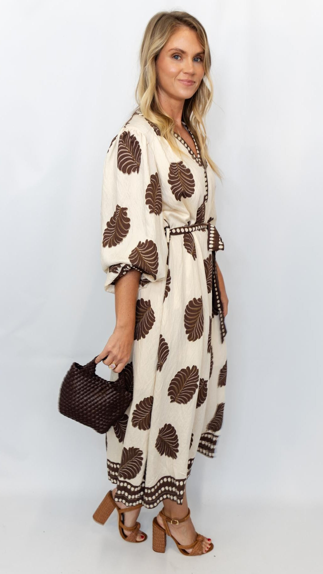 Mix Leaf Print Belted Midi Dress