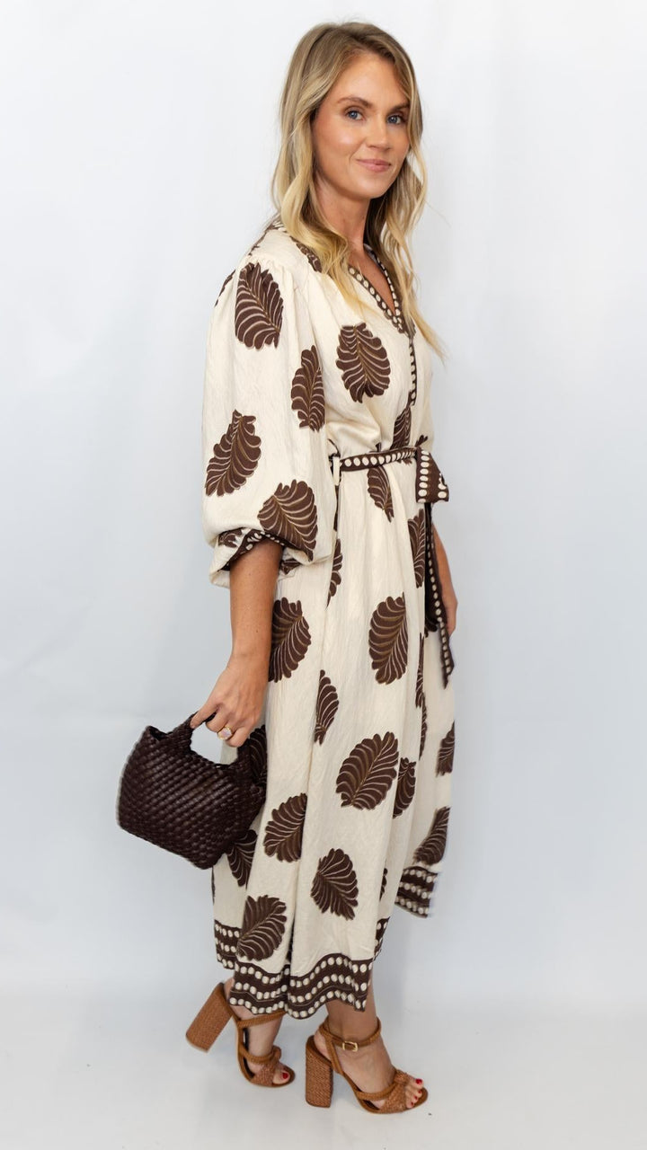 Mix Leaf Print Belted Midi Dress