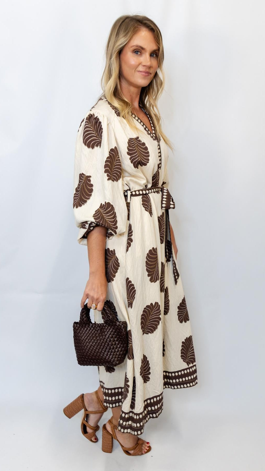 Mix Leaf Print Belted Midi Dress