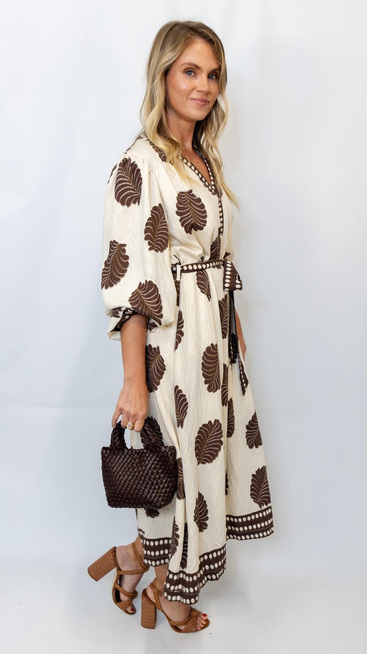 Mix Leaf Print Belted Midi Dress