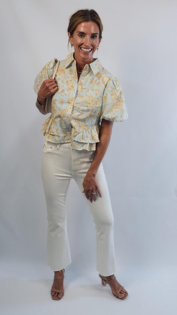 Tan Floral on Blue Top