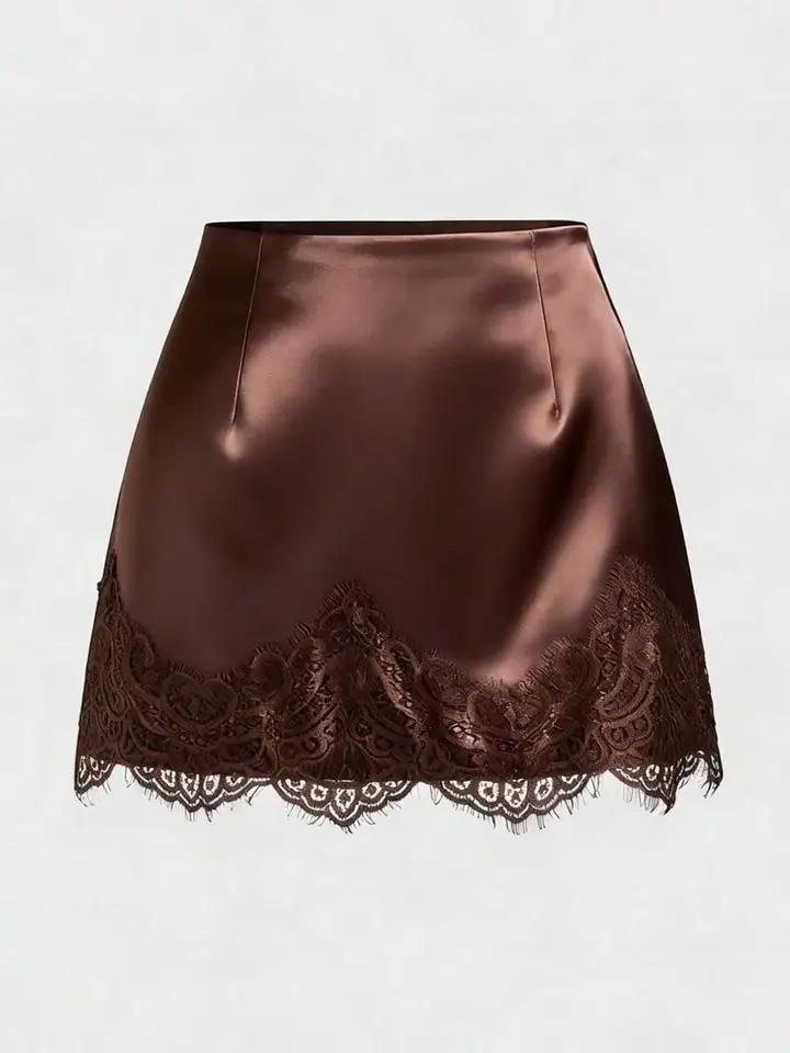 Lace Trim Satin Mini Skirt