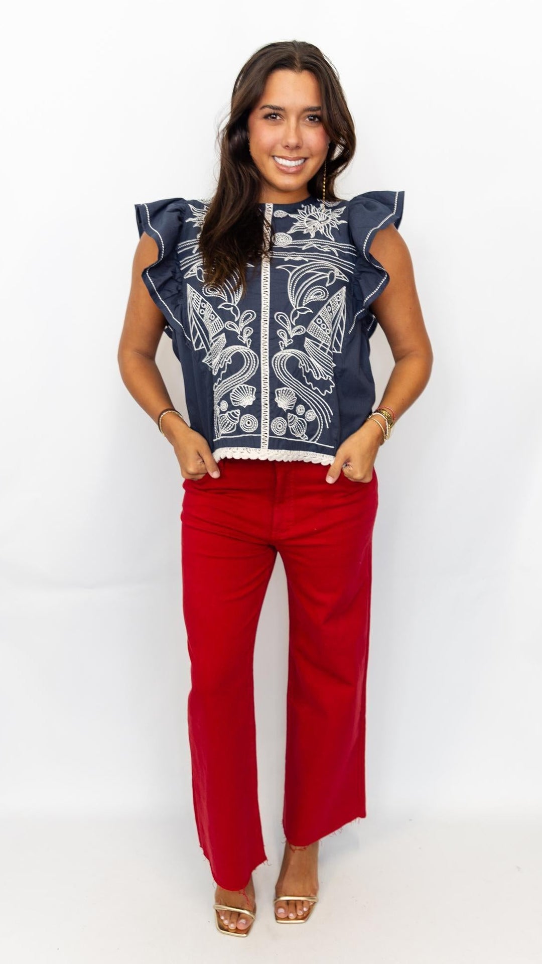 Seaside Embroidered Navy Top