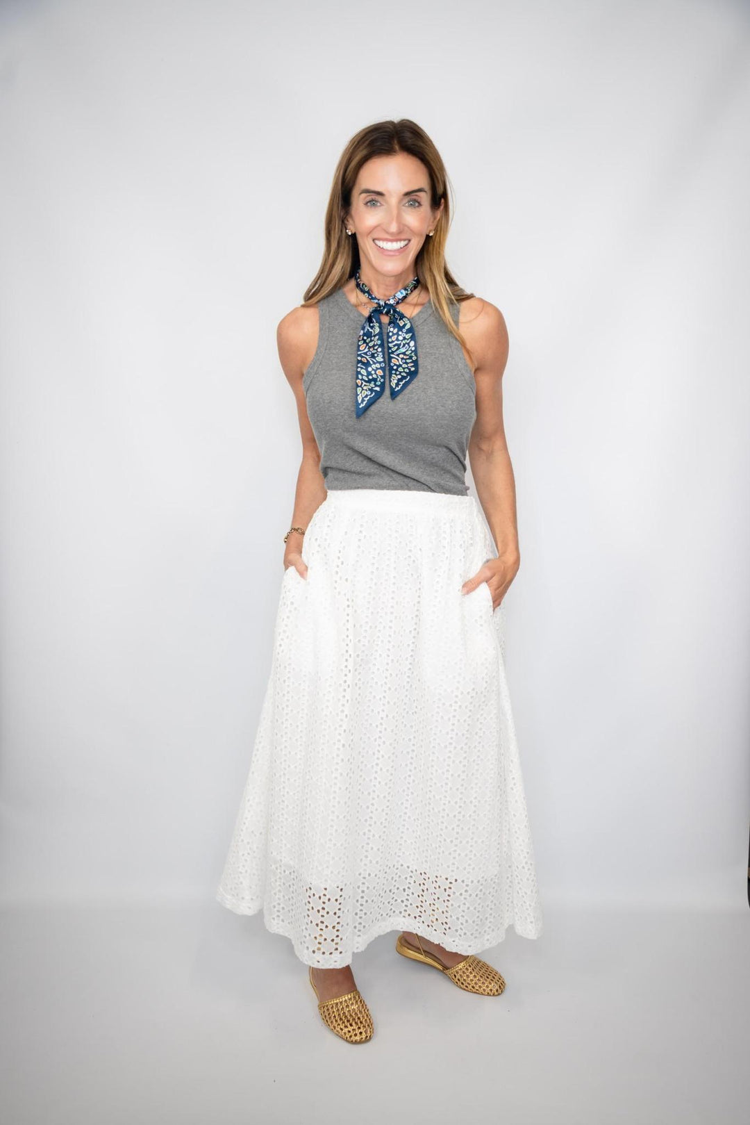 White Eyelet Midi Skirt