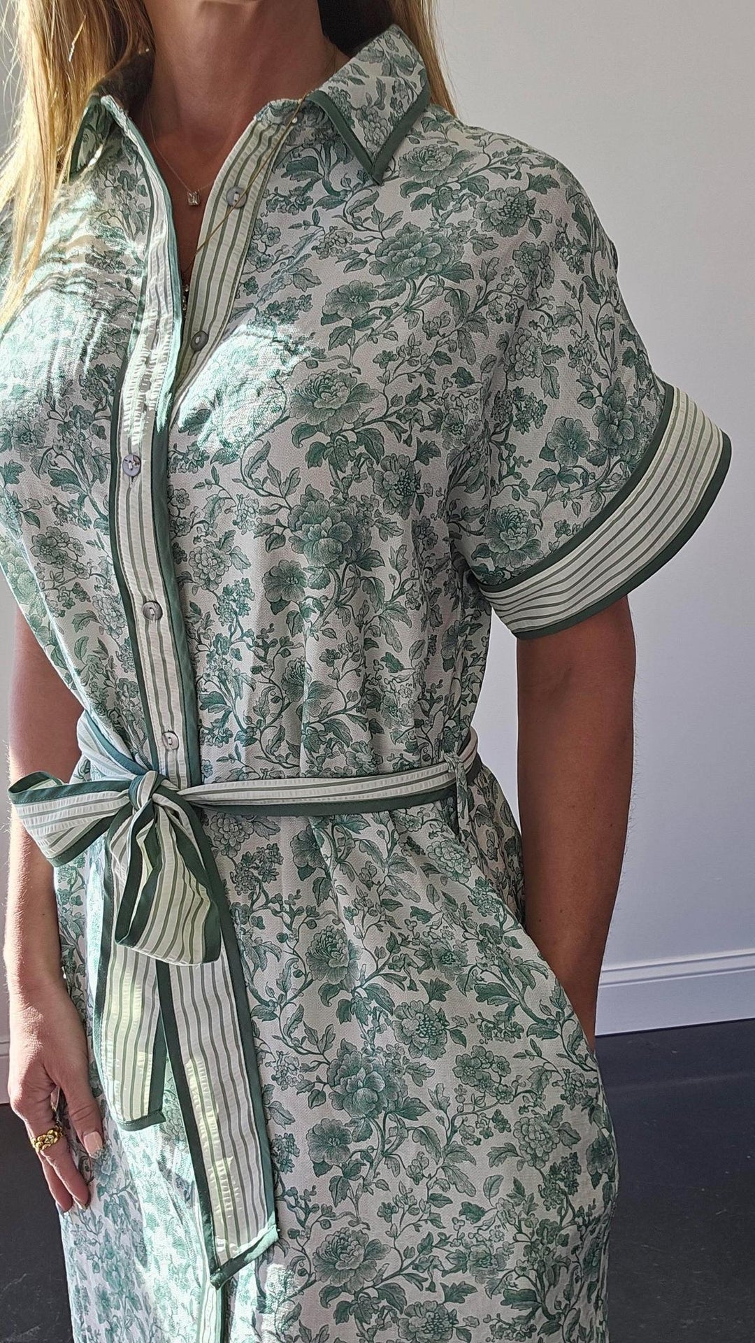 Green Floral Button Midi Dress