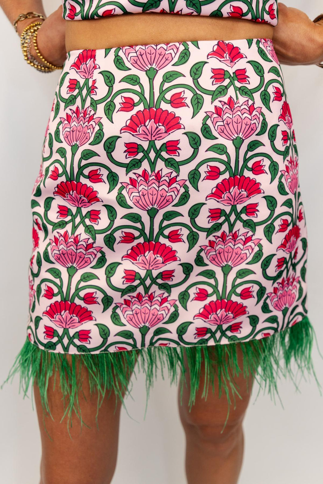 Floral Print Feather Trim Mini Skirt