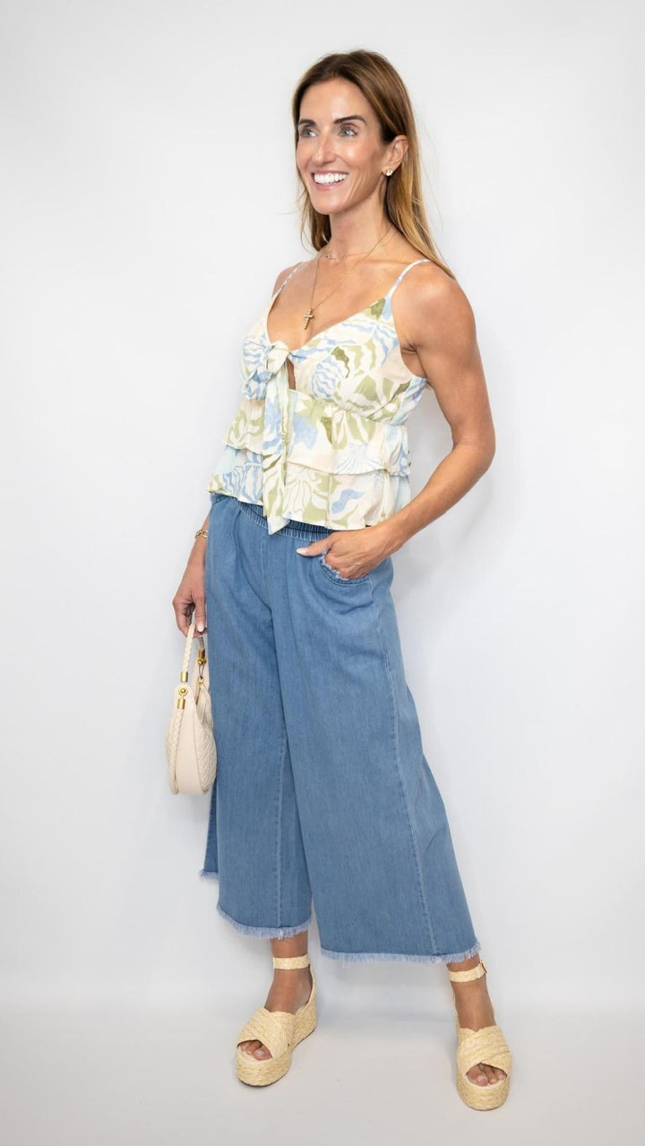 Washed Denim Pants Frayed Hem