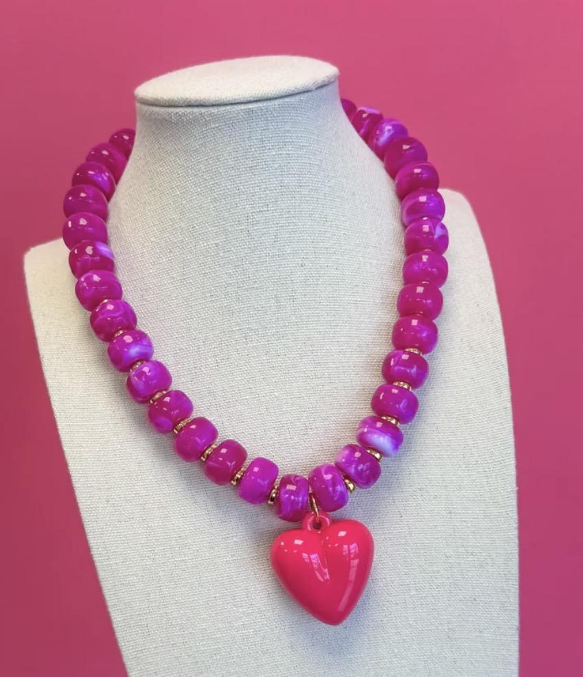 Statement Beaded Heart Necklace Pink