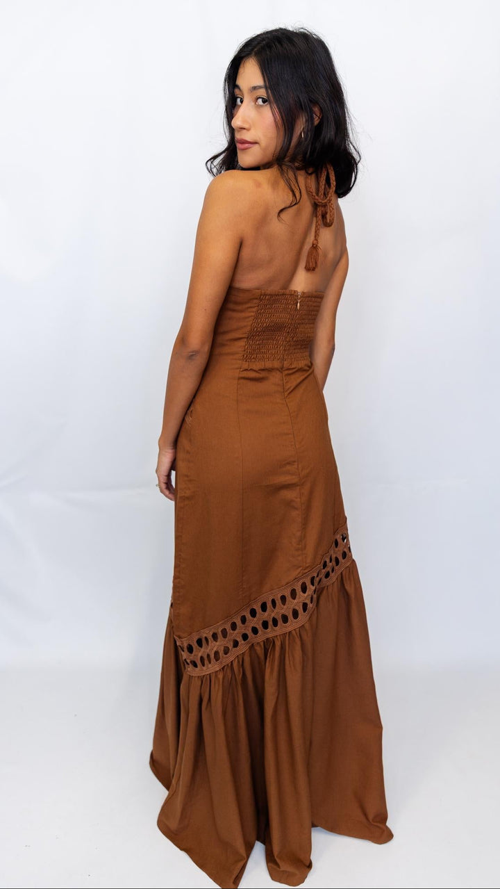 Cutwork Lace Trim Halter Maxi