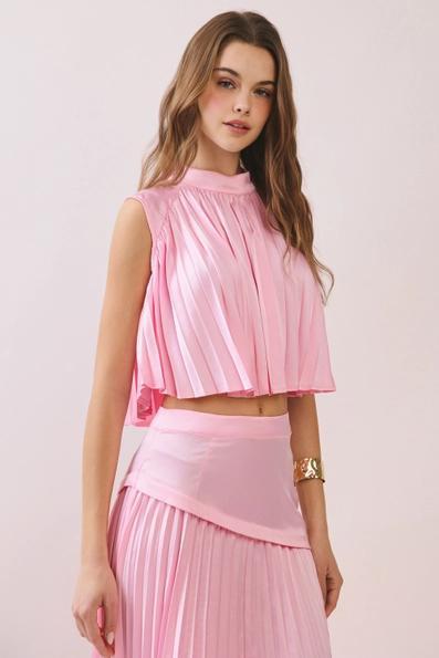 Pink Pleated High Neck Top