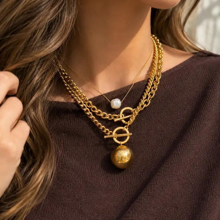 Gold Toggle Clasp Curblink Chain with Gold Ball Necklace - Abide Boutique