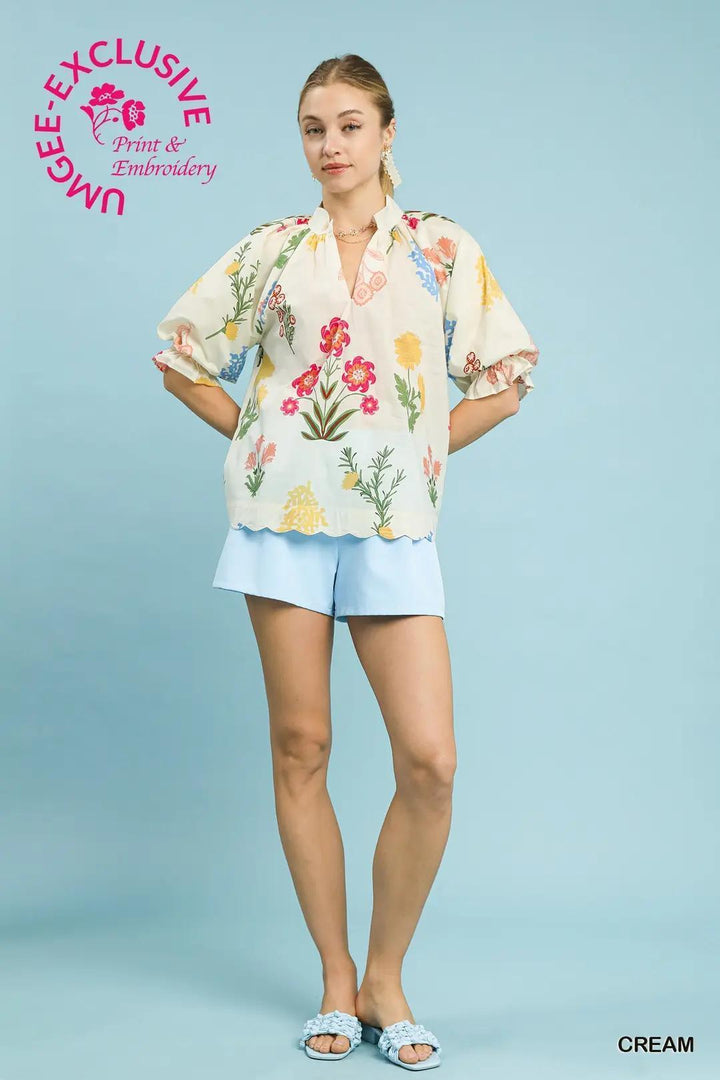 Multi Flowers Raglan Puff Top