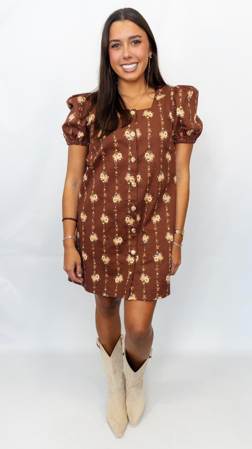 Chocolate Floral Gold Button Dress