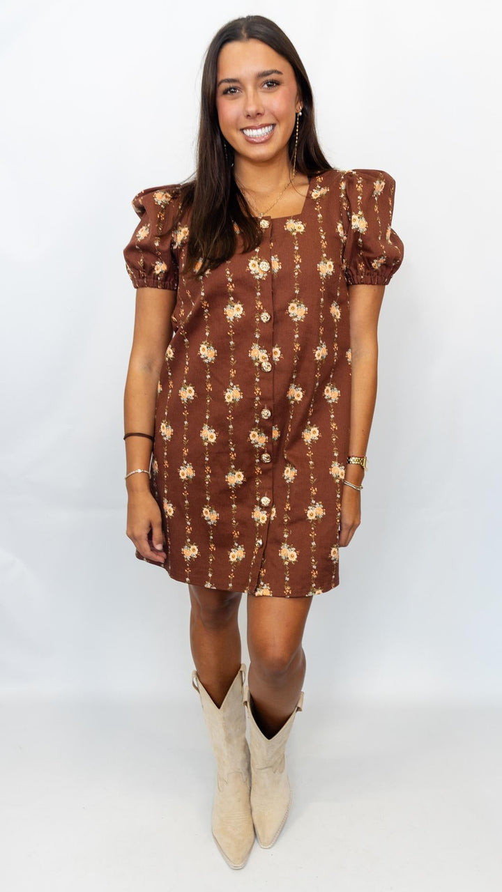 Chocolate Floral Gold Button Dress