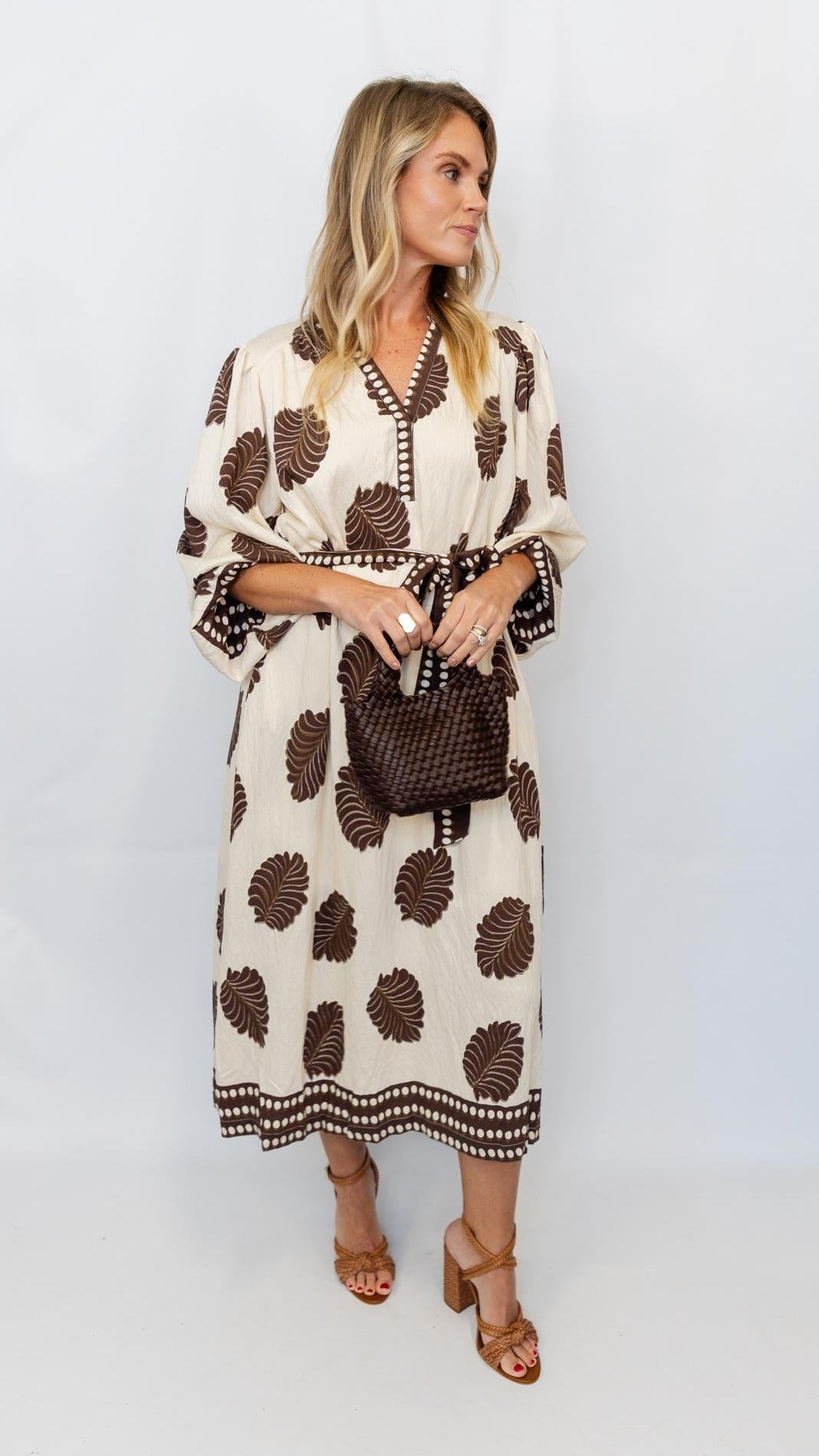 Mix Leaf Print Belted Midi Dress