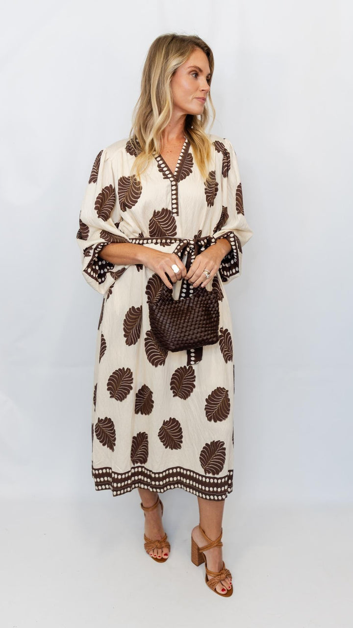 Mix Leaf Print Belted Midi Dress