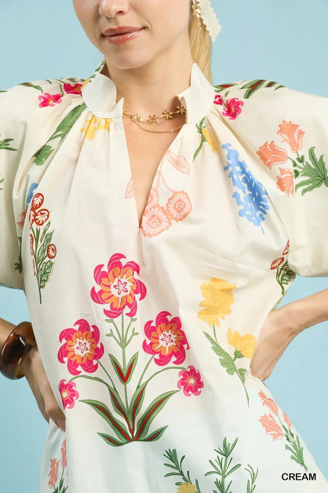 Multi Flowers Raglan Puff Top