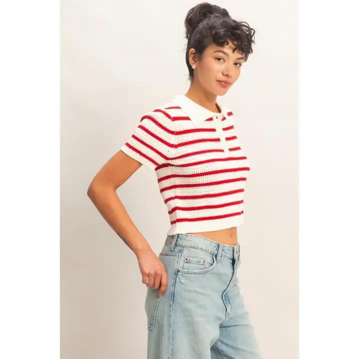Short Sleeve Red Striped Knit Polo