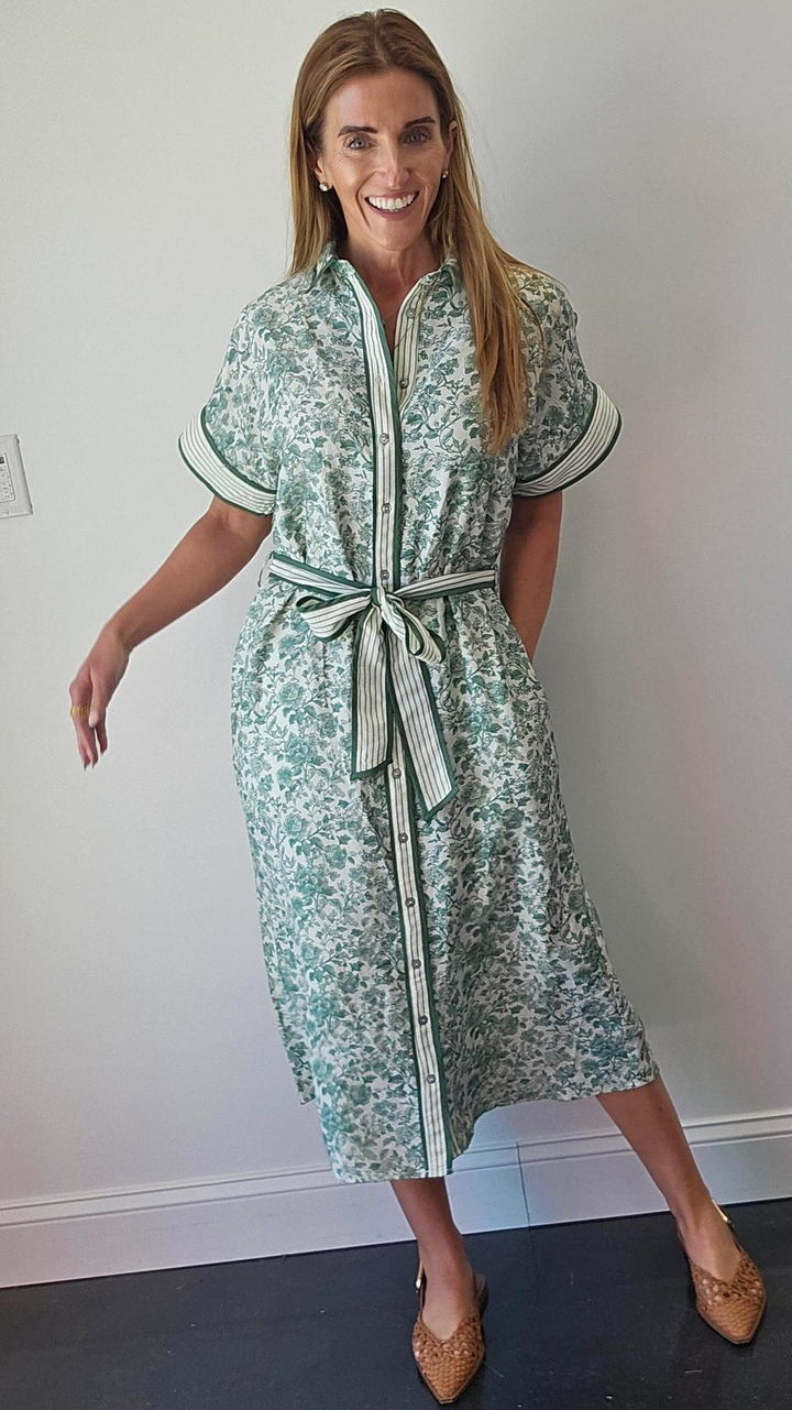 Green Floral Button Midi Dress
