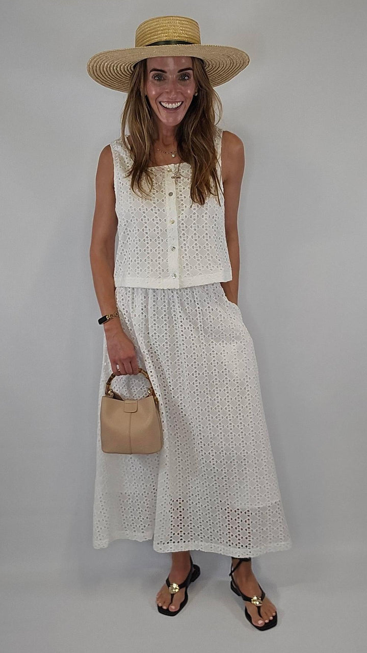 White Eyelet Midi Skirt