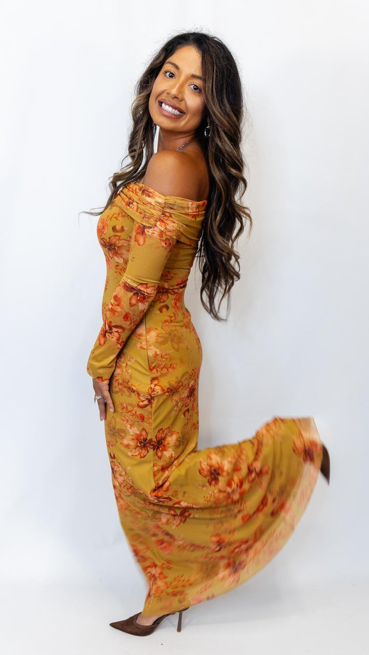 Off Shoulder Floral Mesh Dress