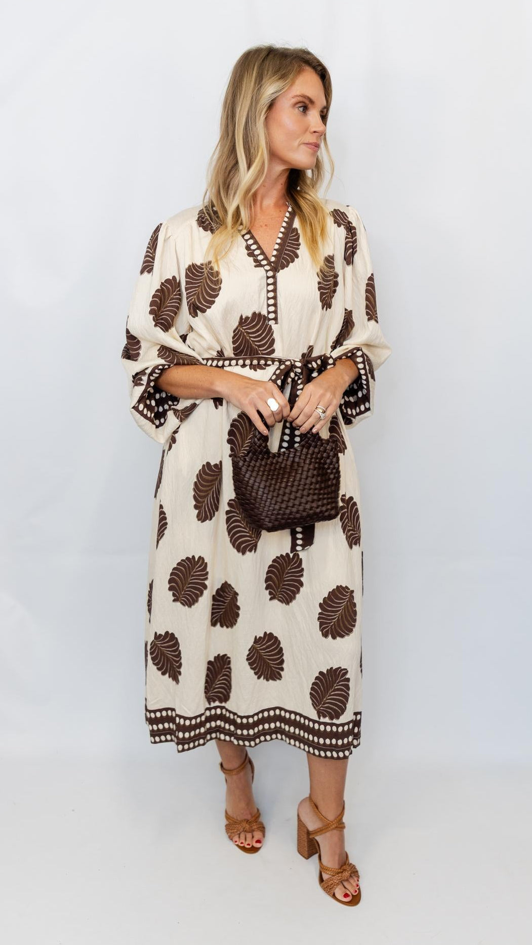 Mix Leaf Print Belted Midi Dress