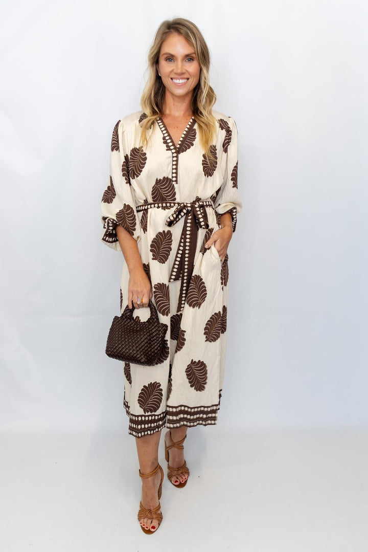 Mix Leaf Print Belted Midi Dress