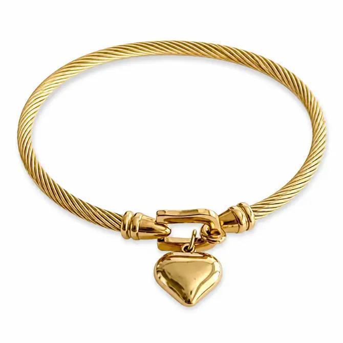 Gold Puff Heart Cable Clasp Bracelet
