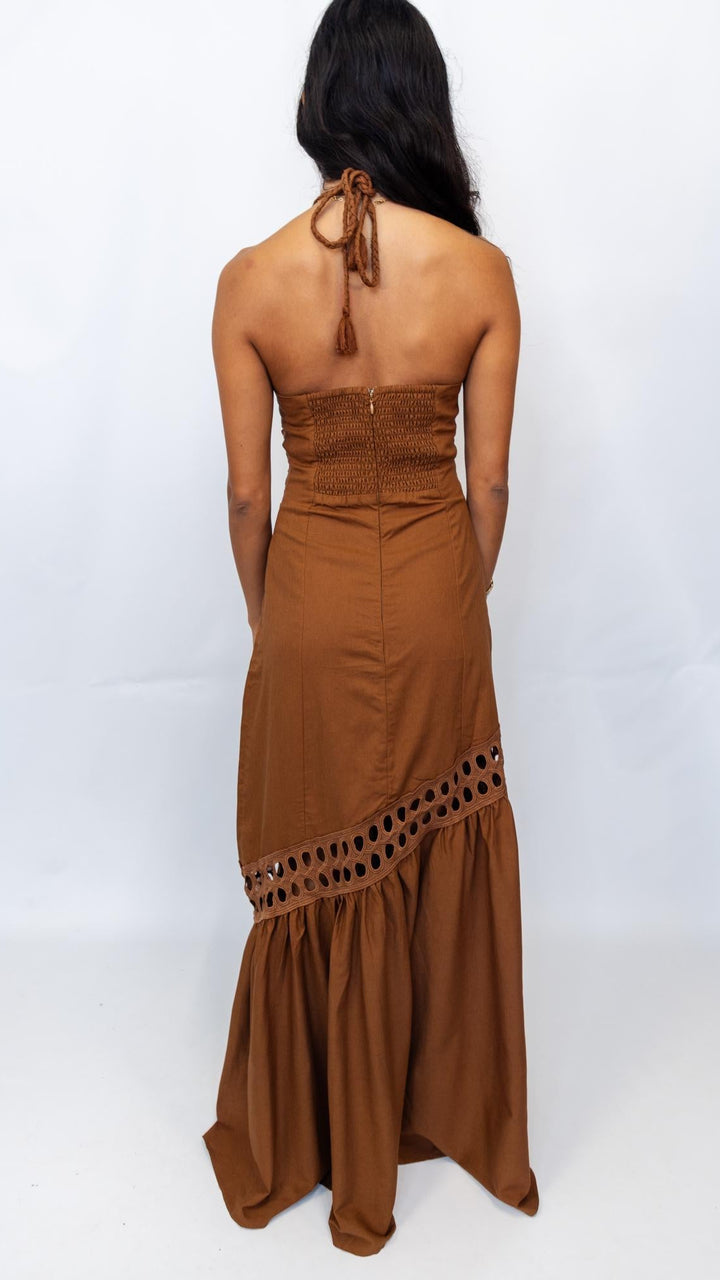 Cutwork Lace Trim Halter Maxi